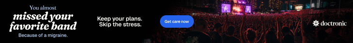 Doctronic ad banner promoting discounted virtual doctor visits with a "Get care now" call-to-action